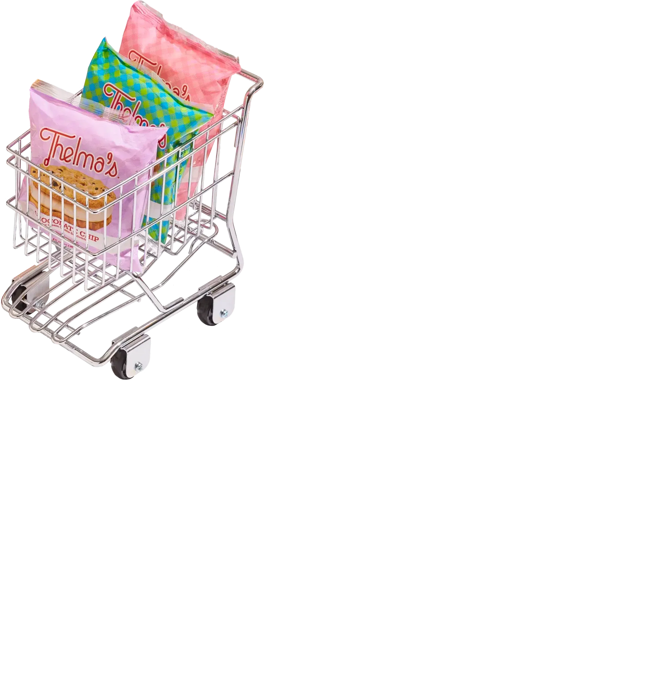 Mini shopping cart full of Thelma's ice cream sandwiches