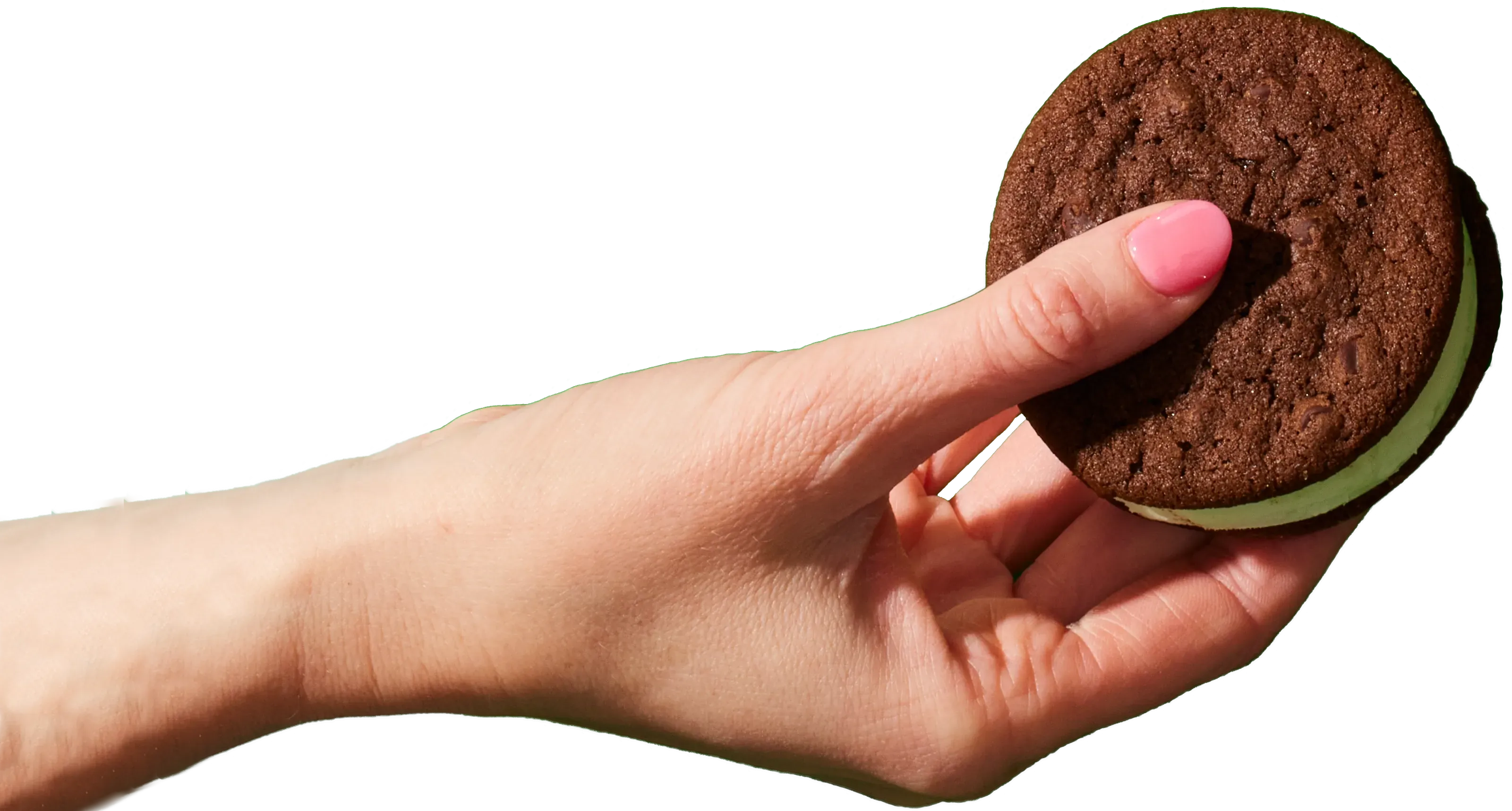 Hand holding Thelma's Mint Double Chocolate Ice Cream Sandwich